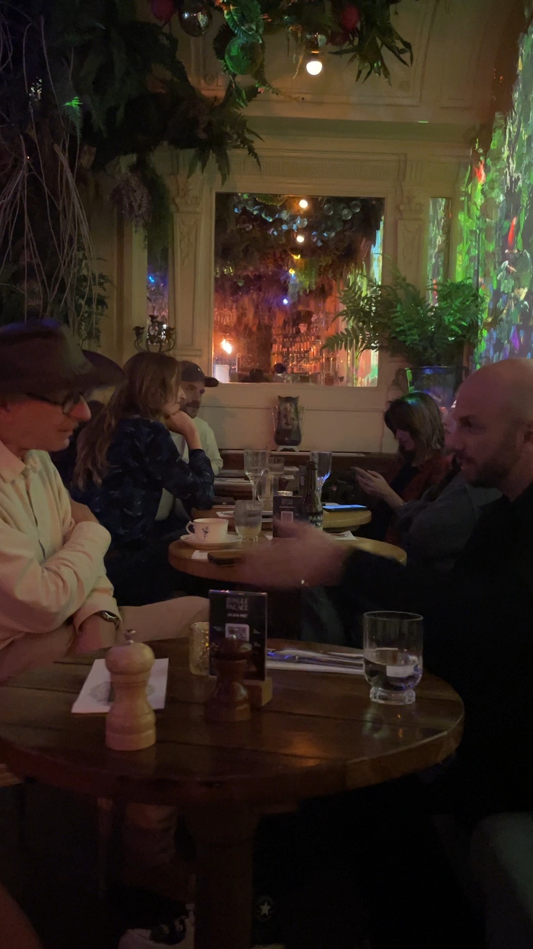 Invités et conversations sous la jungle projetée.